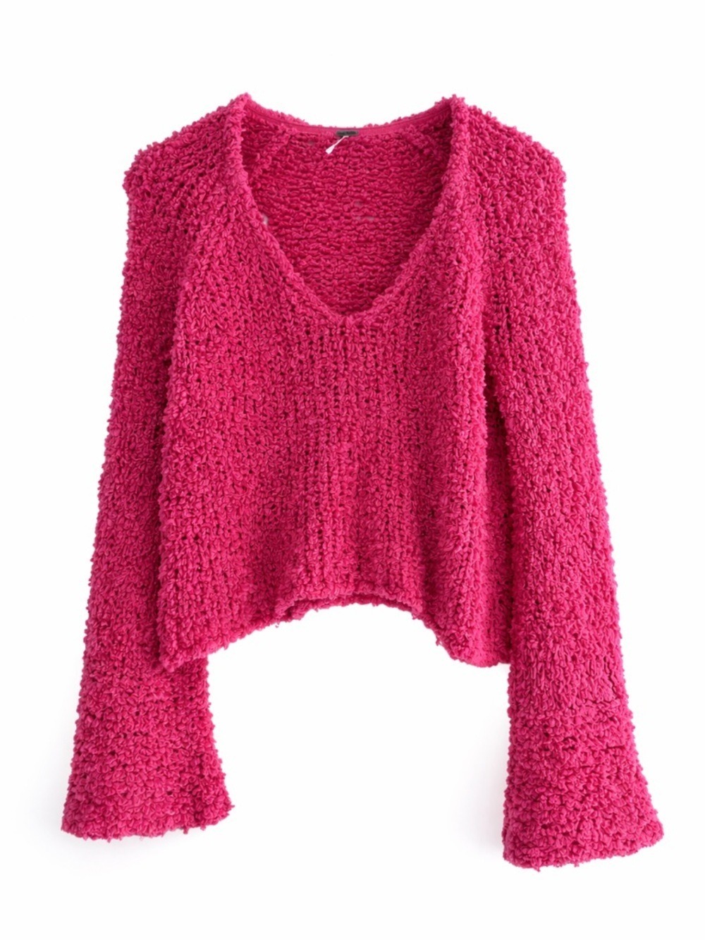 Free People Popcorn Knit Cropped Bell Sleeve Sweater Pink Boho